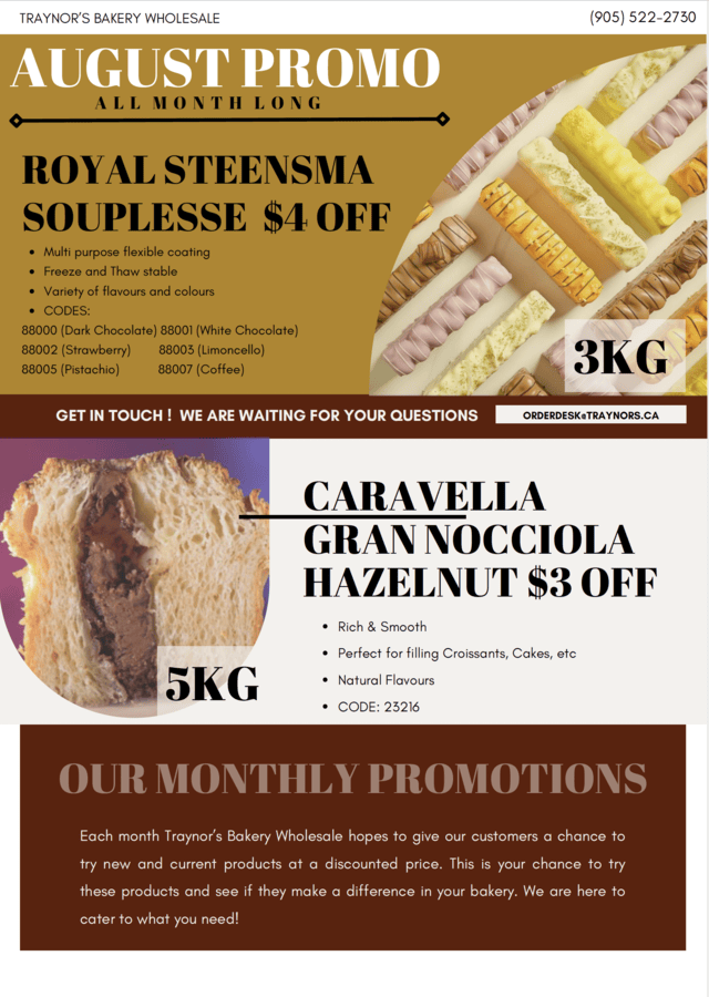 August Promotion 2024 - Traynor's Wholesale Bakery in Hamilton, Ontario.