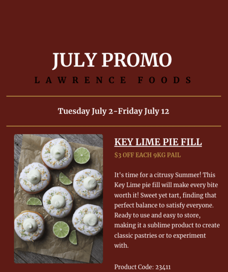 Lawrence Foods - July Promotion 2024 at Traynor's Wholesale Bakery.